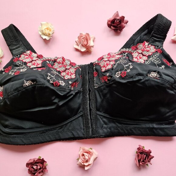 NEW ~ BLACK & RED EMBROIDERY FLOWERS FRONT CLOSE POSTURE BRA 38DD - Picture 2 of 15